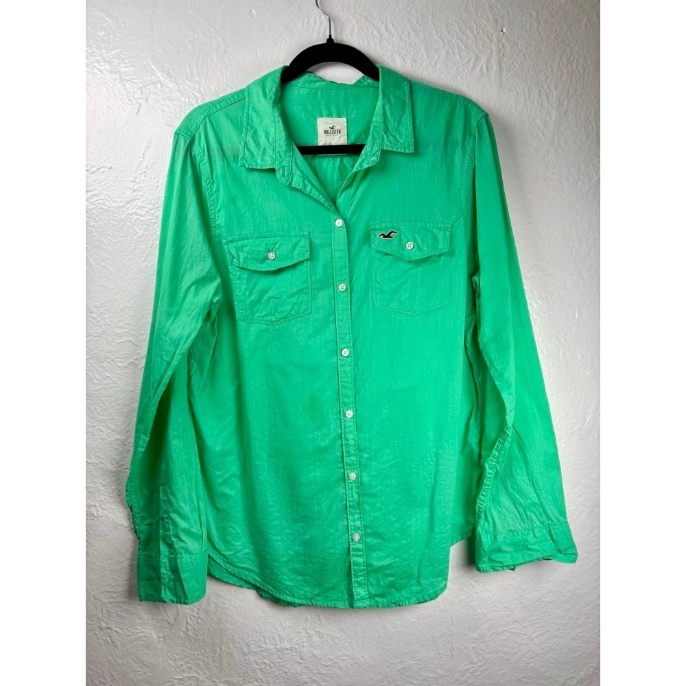 Hollister Button Down Shirt Womens Large Green Cotton‎ Preppy Coastal Neon Y2K